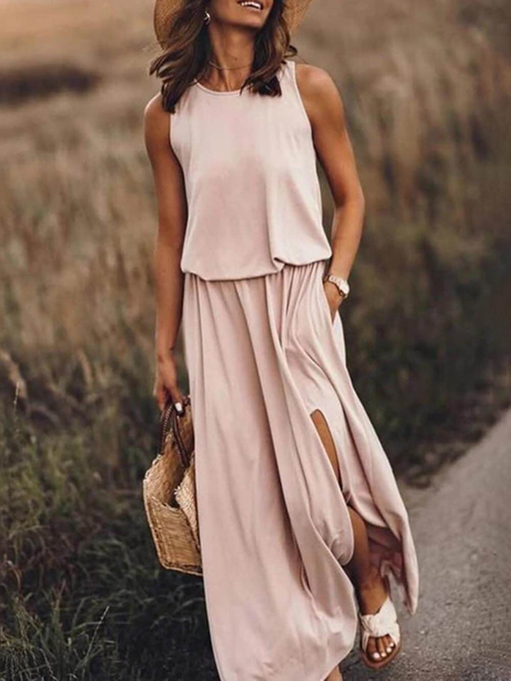 Lucia | Loose Waisted Round Neck Sleeveless Slit Dress