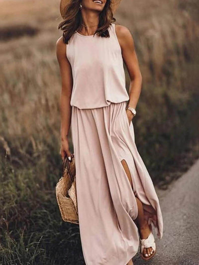 Lucia | Loose Waisted Round Neck Sleeveless Slit Dress