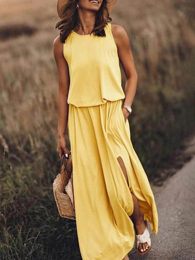 Lucia | Loose Waisted Round Neck Sleeveless Slit Dress