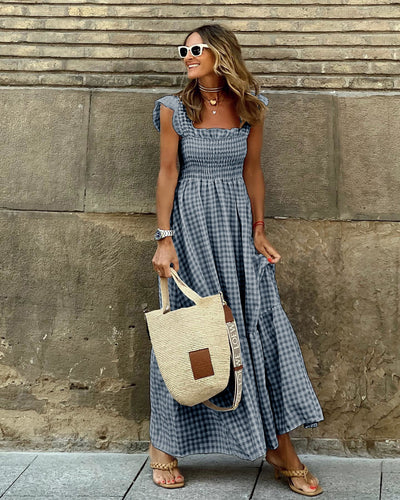 Maya | Plaid Ruffled-Sleeve Smocked Maxi Dress