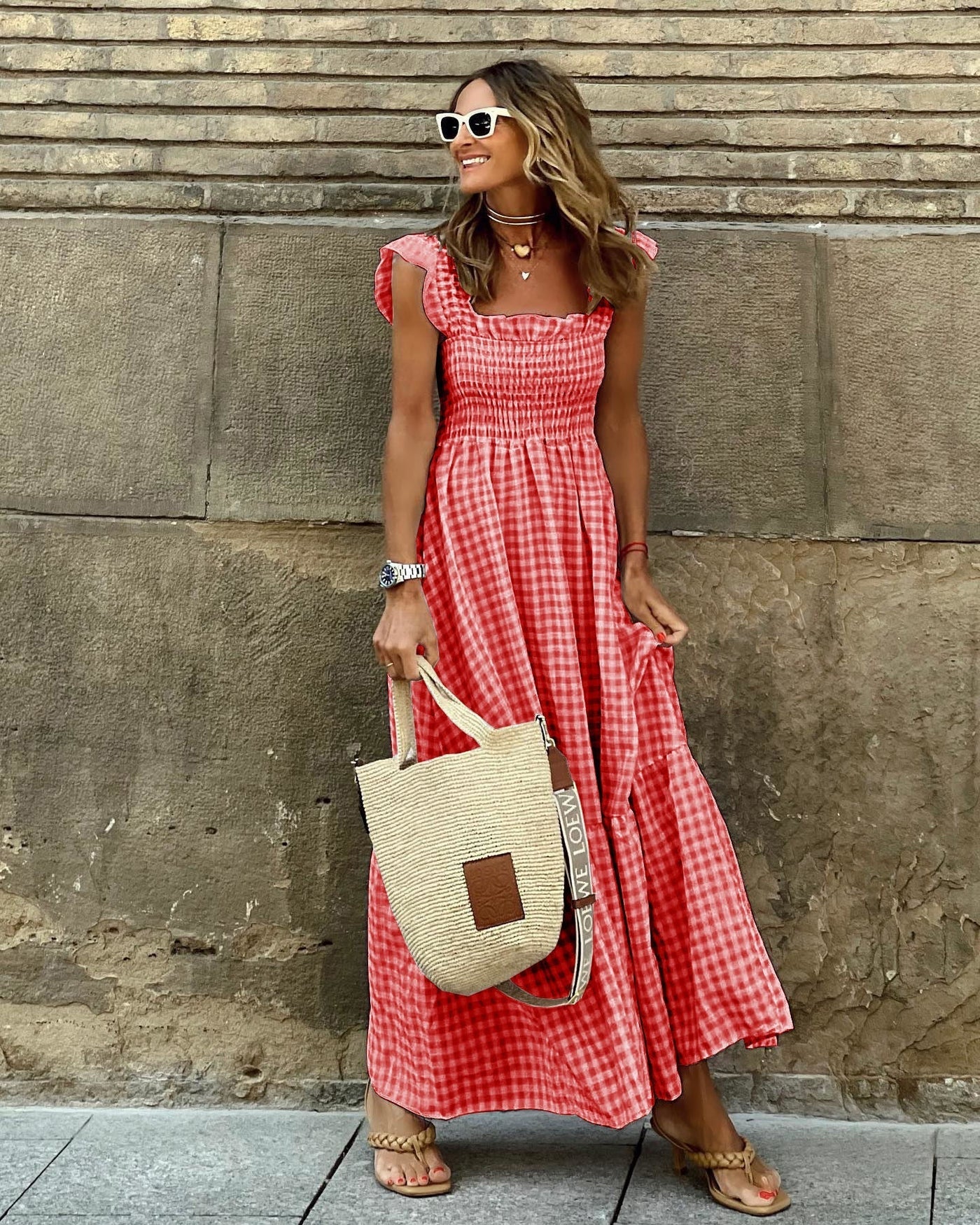 Maya | Plaid Ruffled-Sleeve Smocked Maxi Dress