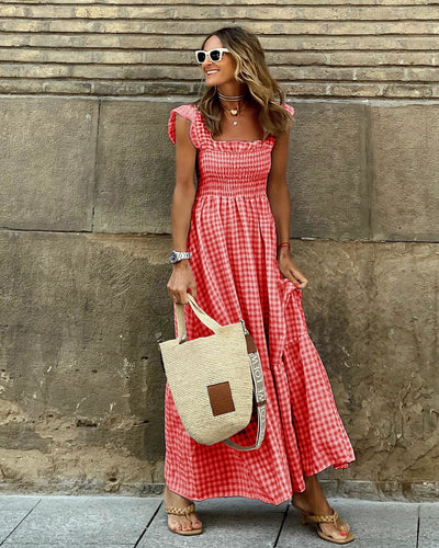 Maya | Plaid Ruffled-Sleeve Smocked Maxi Dress
