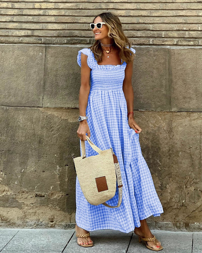Maya | Plaid Ruffled-Sleeve Smocked Maxi Dress
