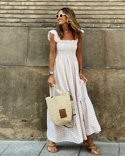 Maya | Plaid Ruffled-Sleeve Smocked Maxi Dress