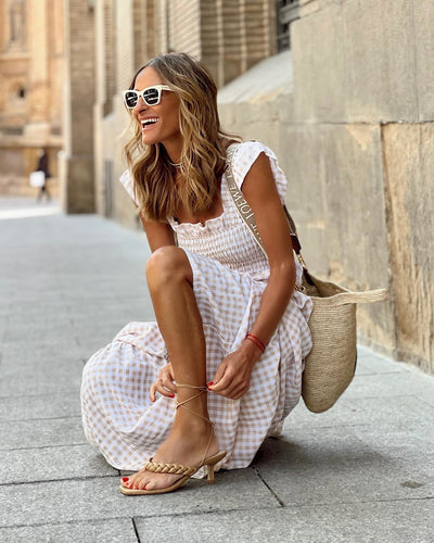 Maya | Plaid Ruffled-Sleeve Smocked Maxi Dress