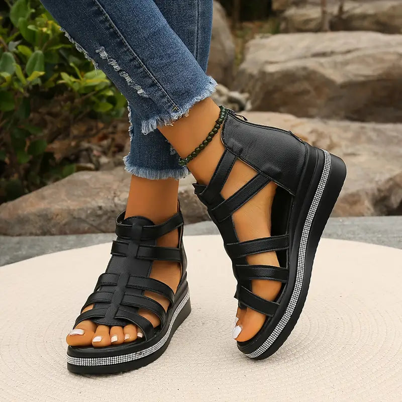 Ena | Rhinestone-Embellished Wedge Sandals