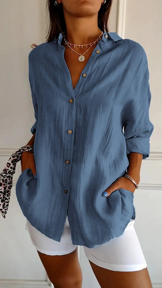 Kristine | Classic Pleated Textured Single-Breasted Lapel Shirt for Women