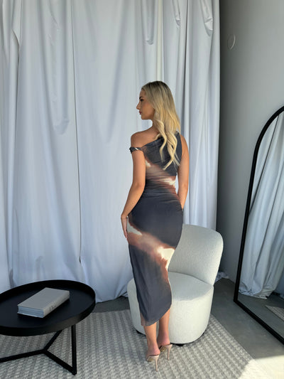 Aria | Off-Shoulder Ruched Mesh Midi Dress