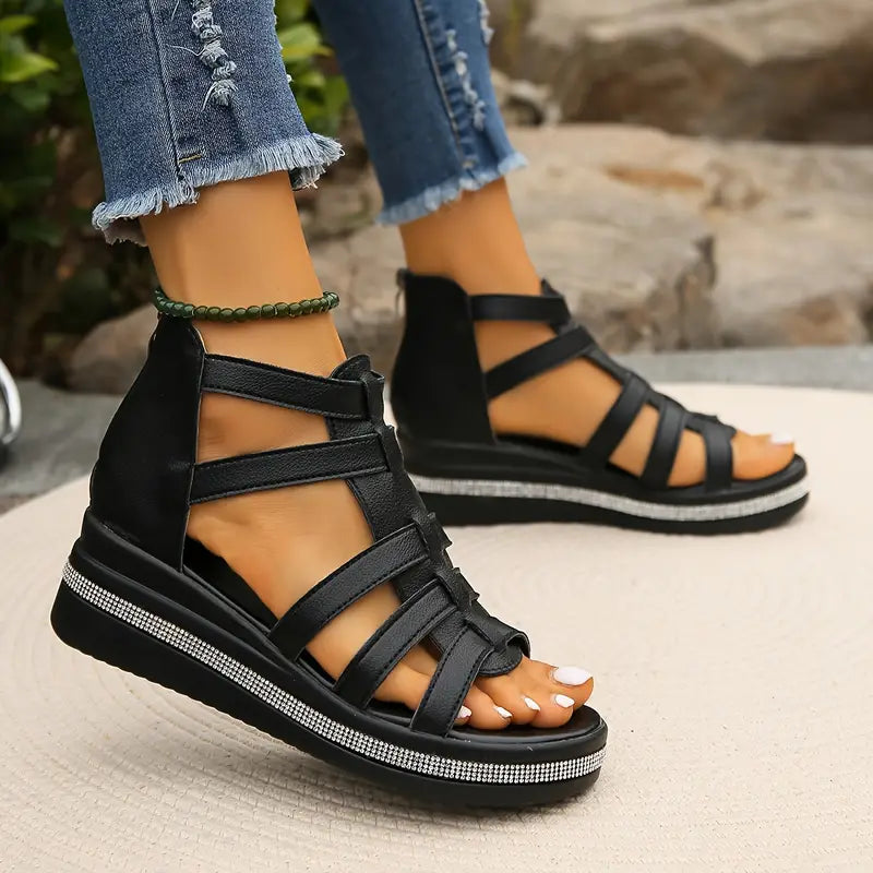 Ena | Rhinestone-Embellished Wedge Sandals